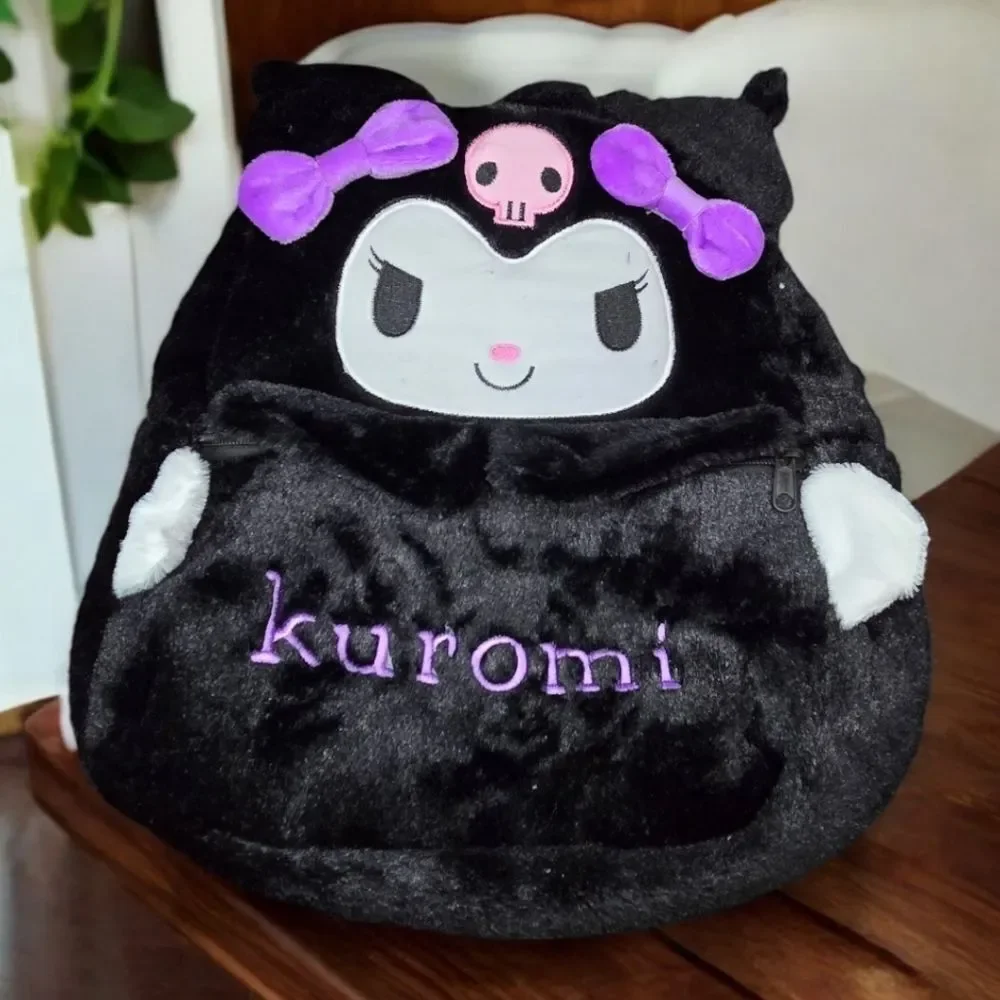 Kuromi Plush Backpack Sanrio Hello Kitty Black Furry Kawaii Spooky Book Bag 15”